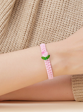 新款森系小清新半透糖果色郁金香手链小众设计感花朵编织手链手绳