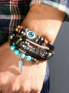 直销 个性欧美绿松石蓝眼睛男士手链朋克太阳花手工皮革手环