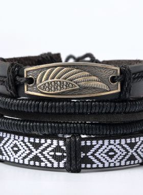 亚马逊复古多层合金皮质手链 欧美潮流民族风蜡绳皮革手绳