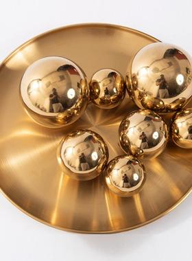 现代简约不锈钢金属圆球装饰品托盘内软装设计师搭配金银色小摆件