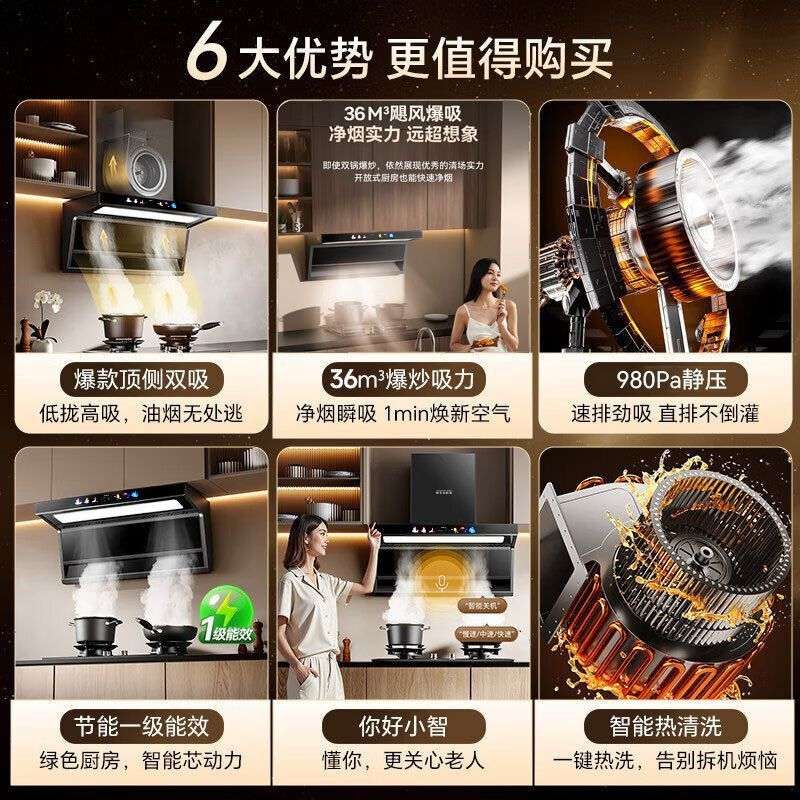 威力油烟机家用油烟机厨房顶侧双吸油烟机自动清洗大吸力烟灶套装