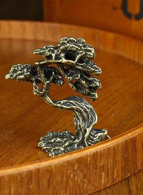 黄铜迎客松桌面茶桌茶宠纯铜摆件金属铜器男女小铜器摆件工艺品