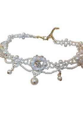 镶钻人造珍珠水晶款花朵项链法式颈链时尚锁骨链高级感轻奢项饰女