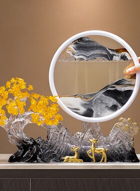 新中式入门玄关发财树流沙画摆件轻奢高档办公室客厅电视柜装饰品