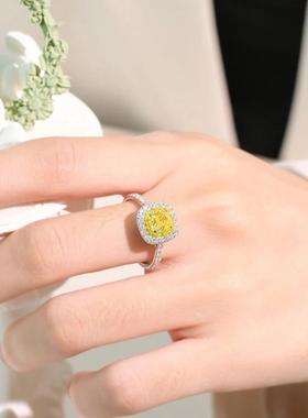 莫桑戒指黄钻方包双层镶钻方糖