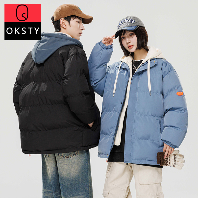 oksty棉衣男款秋冬季假两件连帽棉袄情侣面包服青少年棉服外套女