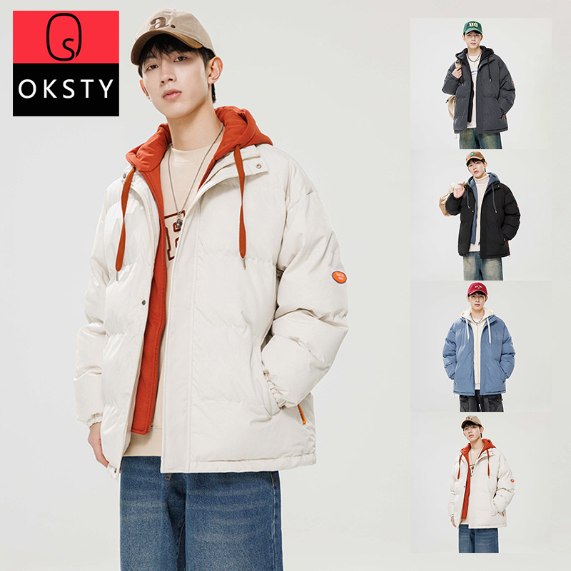 oksty棉衣男款秋冬季假两件连帽棉袄情侣面包服青少年棉服外套女