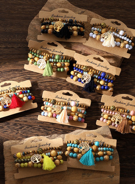 欧美热销波西米亚风手饰生命之树多层木珠松石手串四件套