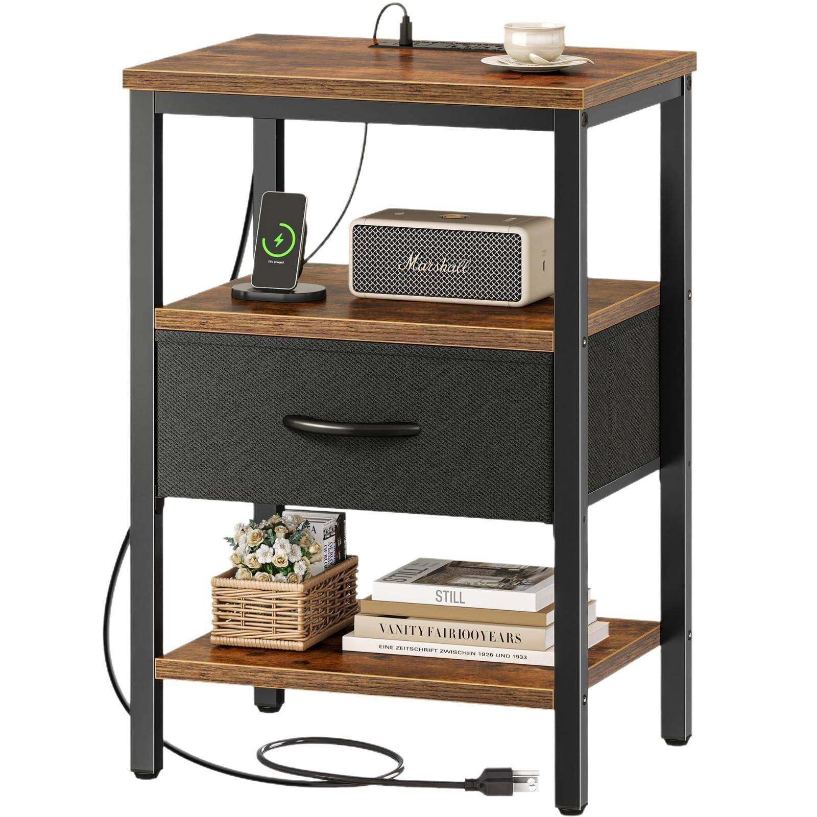 茶几床头柜带充电站床边桌带可调节织物抽屉卧室床头柜三层储物柜,淘宝优惠券,粉丝福利购,淘宝优惠卷