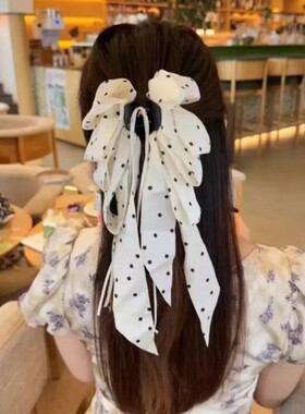 黑白时尚波点蝴蝶结飘带抓夹女高级感时尚优雅后脑勺马尾发夹发饰