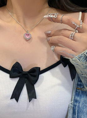 日韩ins网红爱意甜心 甜酷千禧冰花粉色锆石爱心 锁骨链项链