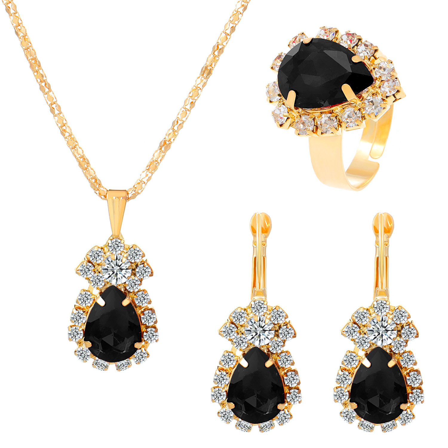 European and American new style water drop love rhinestone set necklace earrings ring bridal jewelry three-piece set direct sale