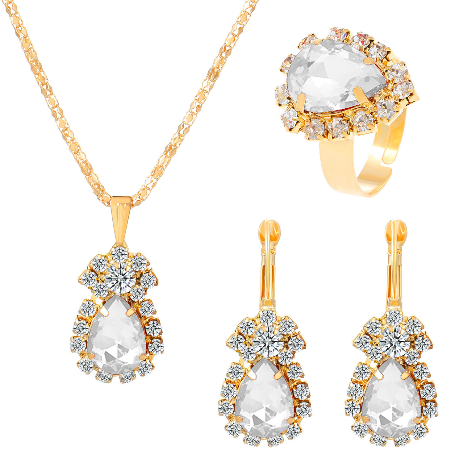 European and American new style water drop love rhinestone set necklace earrings ring bridal jewelry three-piece set direct sale