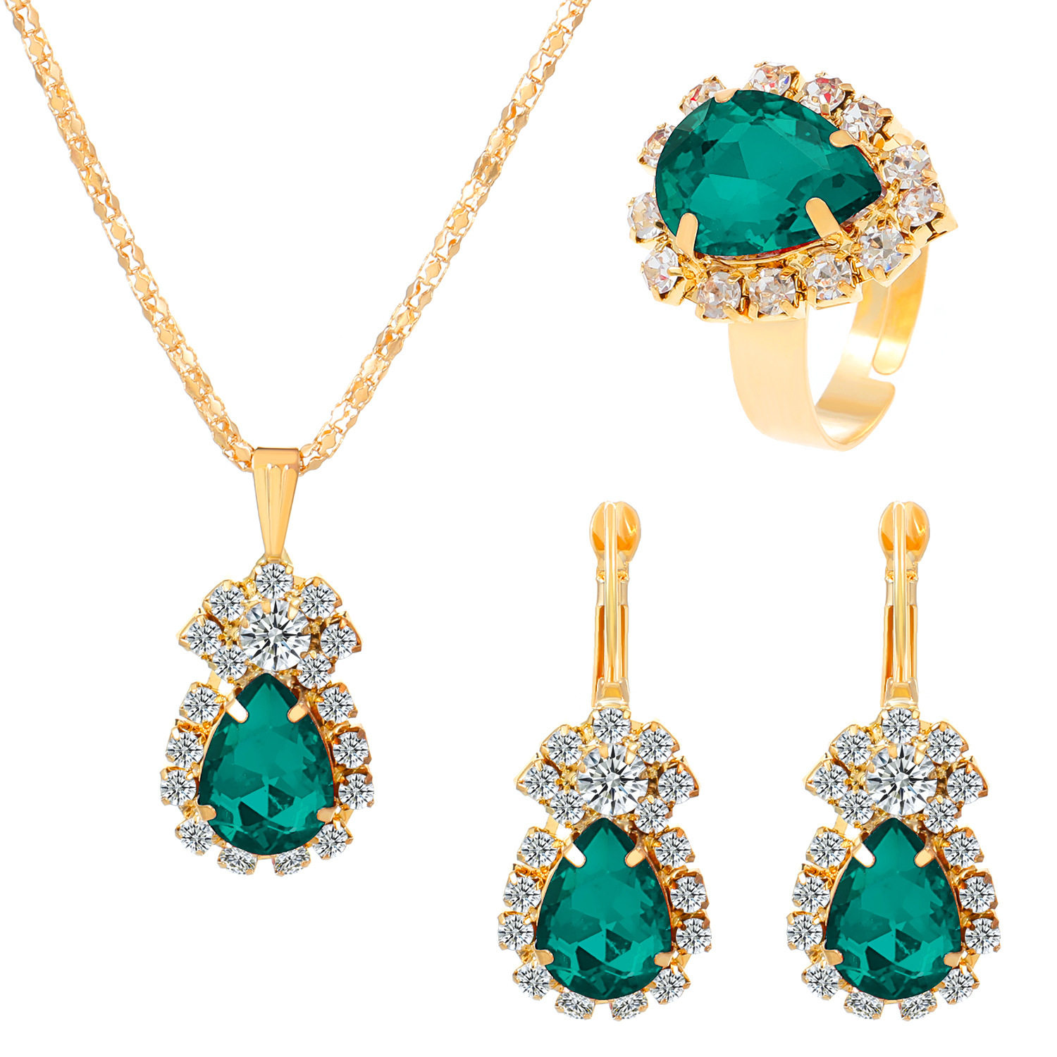 European and American new style water drop love rhinestone set necklace earrings ring bridal jewelry three-piece set direct sale