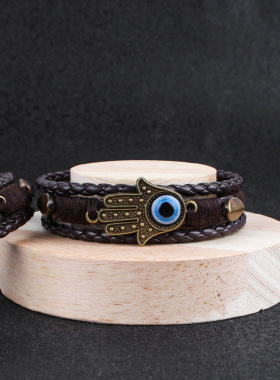 欧美新款男士手链时尚多层眼睛手掌编织手链复古原创手饰