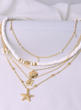 欧美时尚新品软陶圆片海星项链夸张大象小花多层套装饰品直销