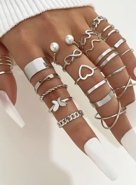 女士小众多关节爱心蝴蝶戒指22件