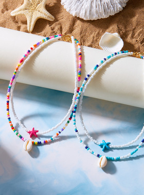 跨境欧美ins波西米亚彩色米珠贝壳吊坠项链串珠2条沙滩叠戴锁骨