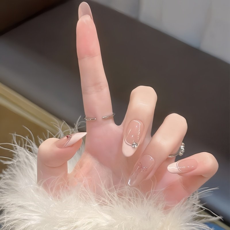 法式蝴蝶结温柔穿戴甲甜酷千金小姐椭圆显白纯欲风粉嫩指甲贴片,淘宝优惠券,粉丝福利购,淘宝优惠卷