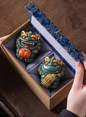 新中式小狮子好柿发生一对高档礼盒装开业乔迁送礼物高档桌面装饰