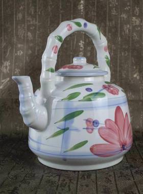 景德镇陶瓷器粉彩手绘荷花提梁水壶竹节大号水壶家居装饰摆件