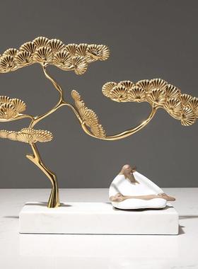 新中式禅意迎客松摆件别墅样板间博古架玄关大理石艺术摆设装饰品