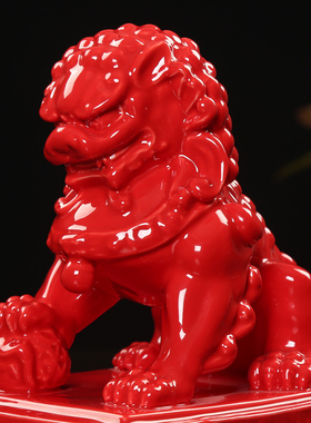 陶瓷红色石狮子手工精q雕一对看门镇宅家用招财客厅摆件汉白玉