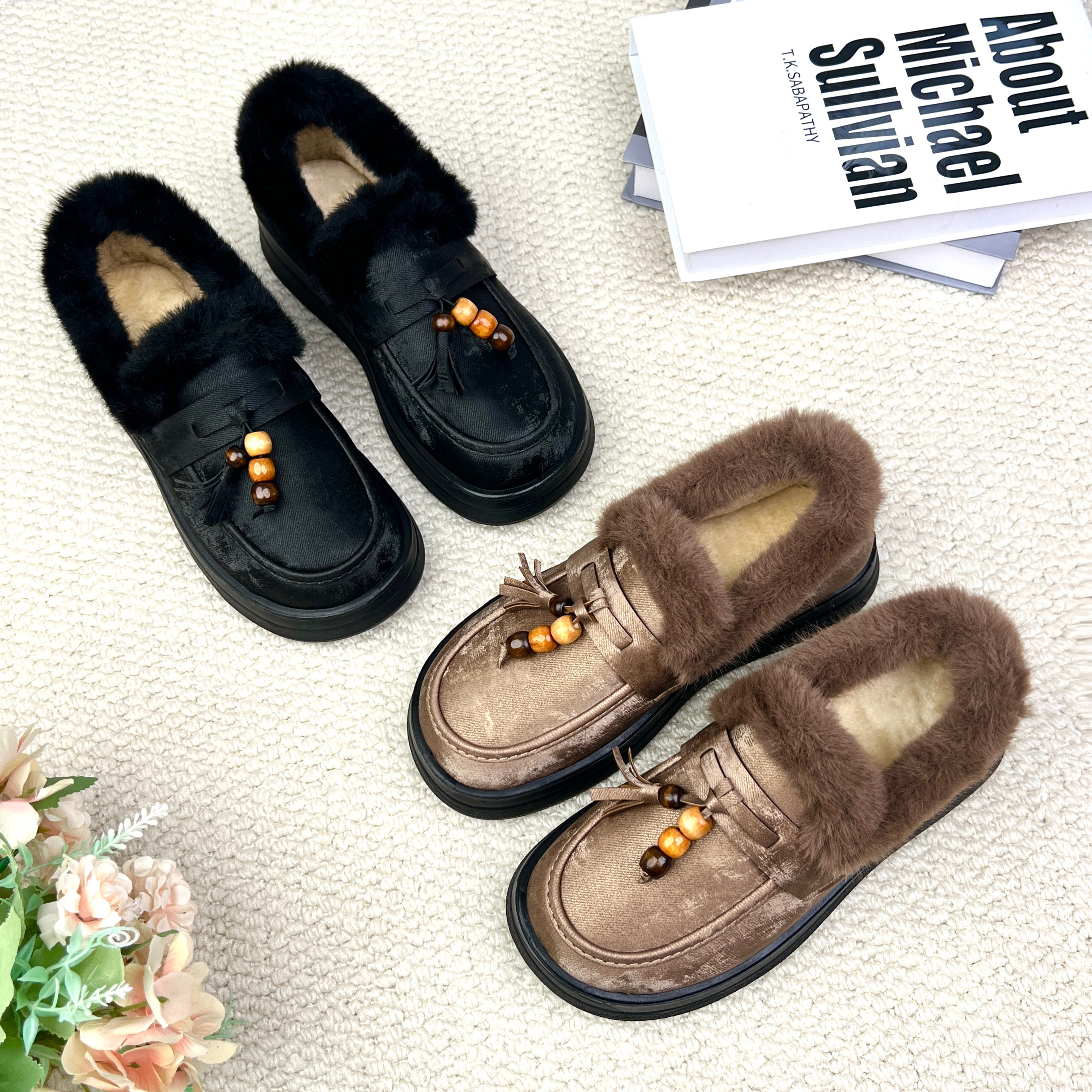 冬季新款加绒保暖女乐福鞋一脚蹬软底防滑休闲妈妈鞋平底百搭棉鞋,淘宝优惠券,粉丝福利购,淘宝优惠卷