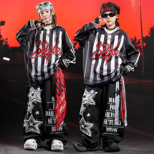街舞儿童潮服嘻哈男童炫酷条纹星星舞蹈服套装女童hiphop演出服男 - 图3