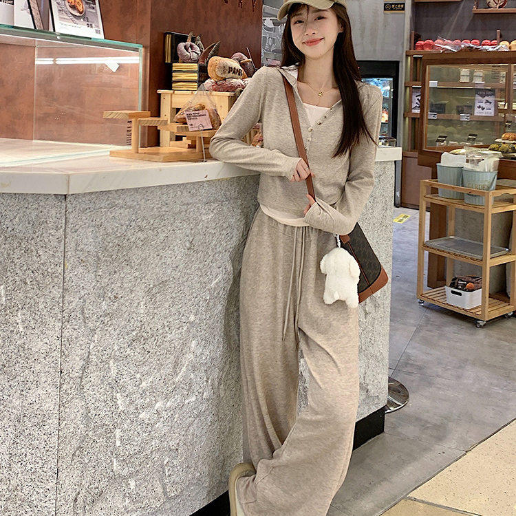 2026春款套装两件套长袖女运动休闲通勤慵懒时尚百搭阔腿裤套装cd