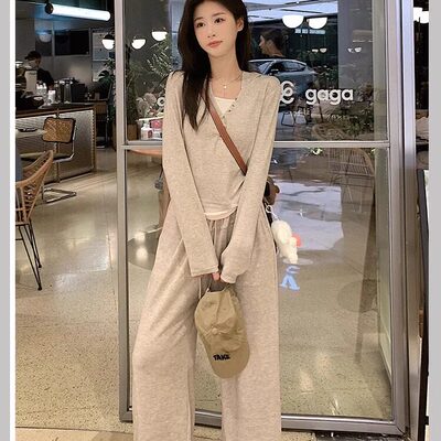 2026春款套装两件套长袖女运动休闲通勤慵懒时尚百搭阔腿裤套装L