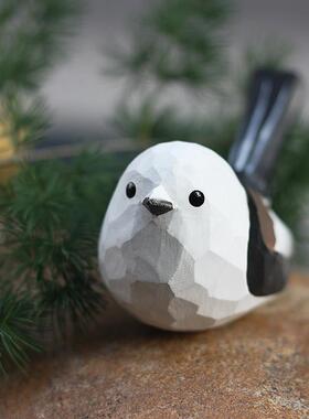 鹿妖商店 肥啾木雕小鸟 翘尾版北长尾山雀 银喉 手工摆件 礼物