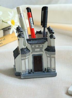 中式覆古国潮徽派建筑笔筒名片夹模型创意礼品生日办公室桌面摆件