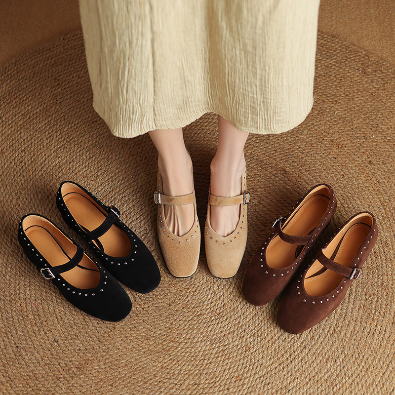 复古粗跟玛丽珍鞋女春秋季磨砂羊皮圆头一字扣带铆钉中跟浅口单鞋,淘宝优惠券,粉丝福利购,淘宝优惠卷