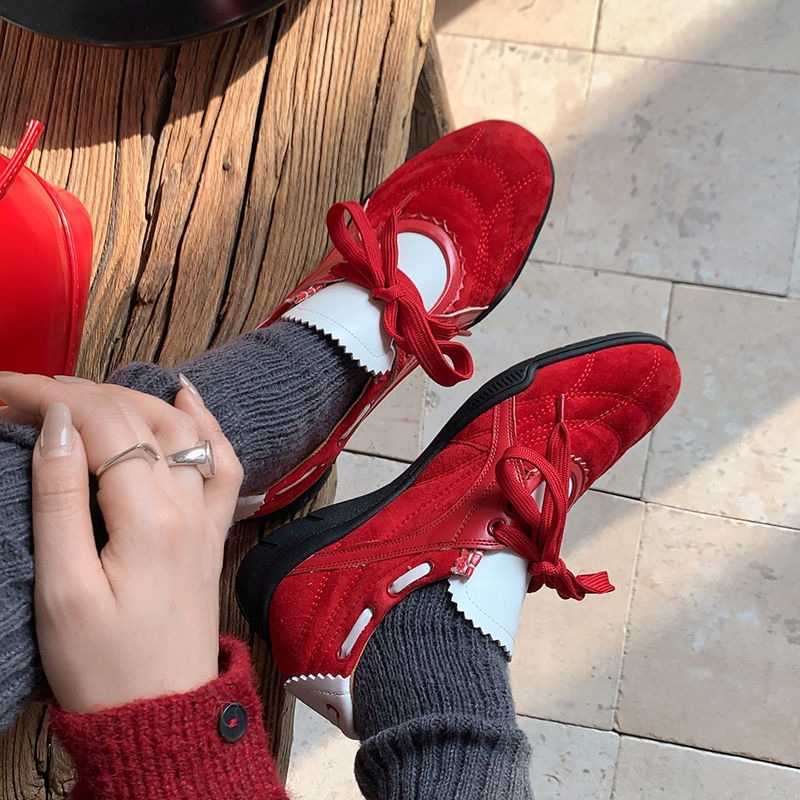 博主标配羊反绒面拼色德训鞋2025春中跟真皮内增高运动休闲单鞋女 - 图1