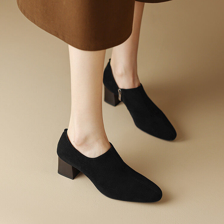 尖头显瘦深口罐罐鞋女2023春秋新款英伦风侧拉链吸汗透气粗跟单鞋,淘宝优惠券,粉丝福利购,淘宝优惠卷
