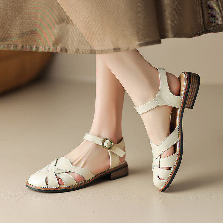 2024年新款真皮女款夏季低跟大码编织罗马猪笼鞋平底包头凉鞋女夏,淘宝优惠券,粉丝福利购,淘宝优惠卷