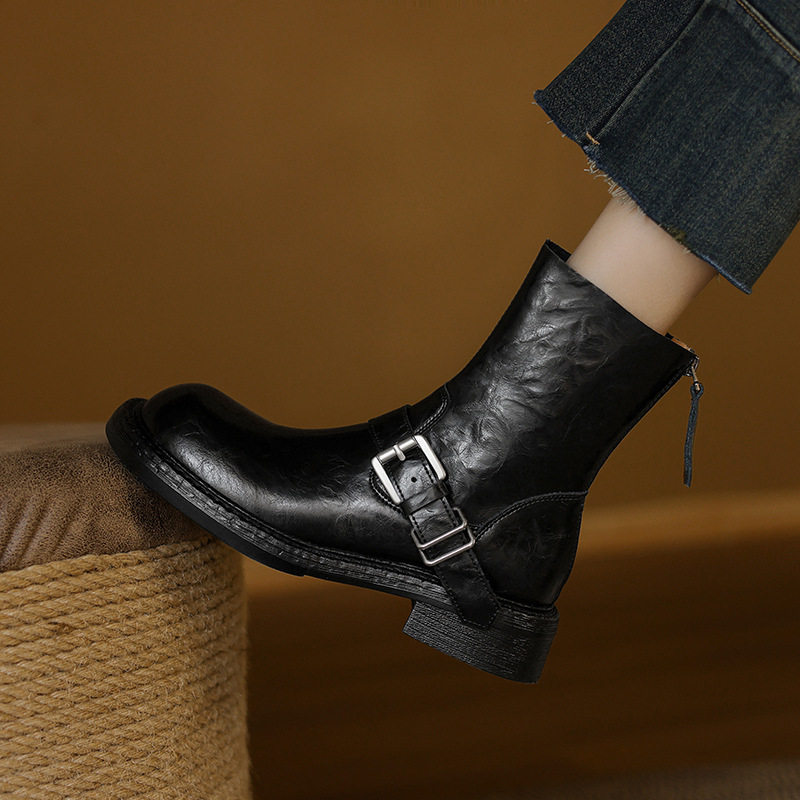 2024秋冬新款低跟皮带扣马丁靴女英伦风平底短筒西部骑士靴美拉德,淘宝优惠券,粉丝福利购,淘宝优惠卷