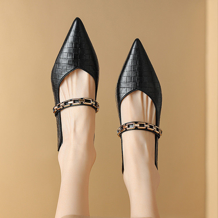 法式尖头浅口单鞋女2025年春秋新款金属链条软皮一脚蹬羊皮平底鞋,淘宝优惠券,粉丝福利购,淘宝优惠卷