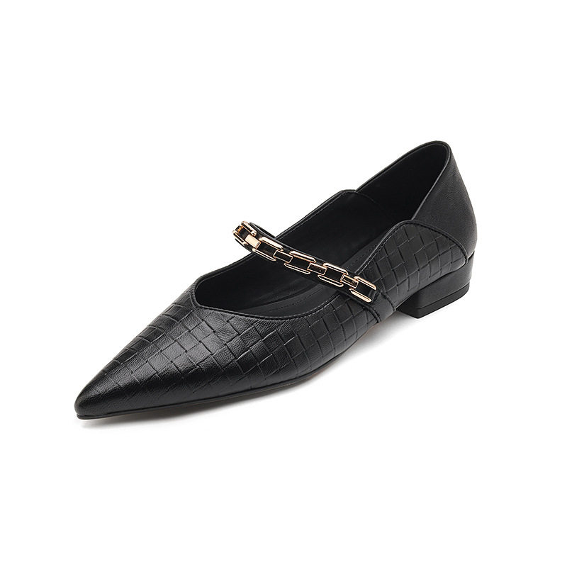 法式尖头浅口单鞋女2025年春秋新款金属链条软皮一脚蹬羊皮平底鞋,淘宝优惠券,粉丝福利购,淘宝优惠卷