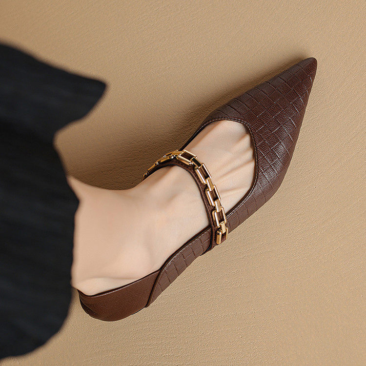 法式尖头浅口单鞋女2025年春秋新款金属链条软皮一脚蹬羊皮平底鞋,淘宝优惠券,粉丝福利购,淘宝优惠卷