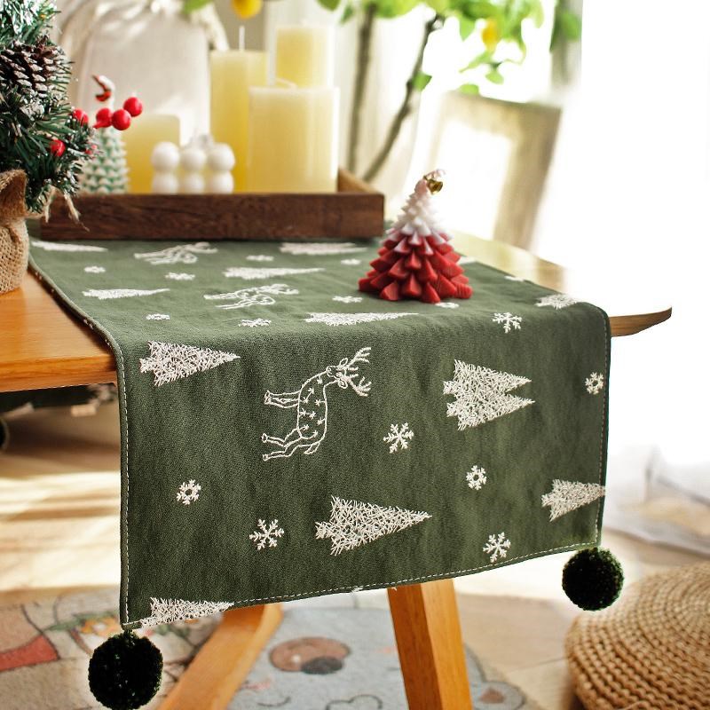 圣诞氛围感桌旗餐边柜盖r布田园轻奢刺绣餐桌斗柜电视柜鞋柜桌垫 - 图0