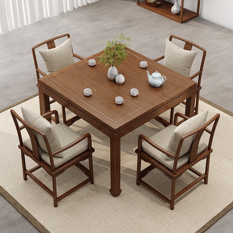 新中式实木方桌餐桌椅组合老w榆木八仙桌棋牌四方茶桌正方形茶馆 - 图2