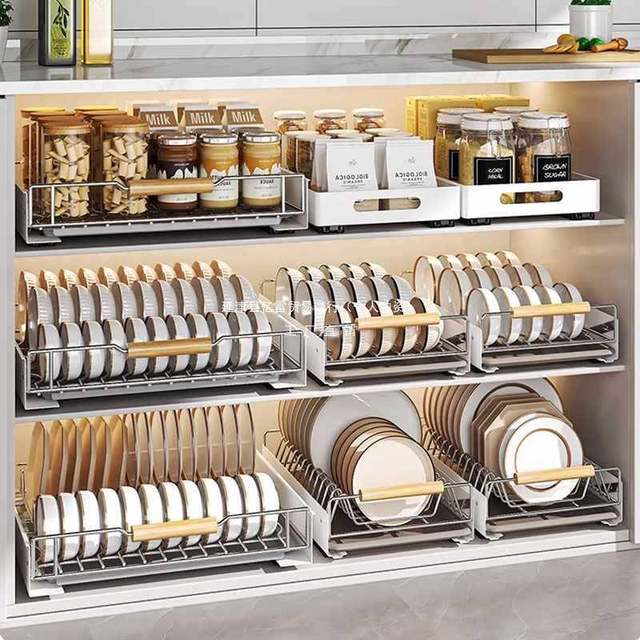 Kitchen pull-in-room bowl storage rack household sink bowl under cabinet built-in basket 69342 pull-in stainless steel tray