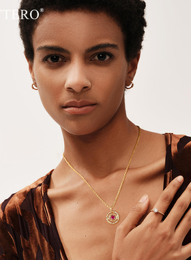 fettero金色金环红宝项链双层吊坠大圆圈镀金毛衣链时尚个性饰品