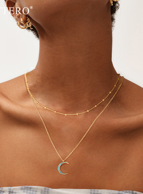 fettero高级设计感金色双层松石月亮项链女款叠戴锁骨链时尚礼物