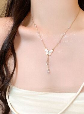 女轻蝴蝶奢小众流苏简约配釉珍珠