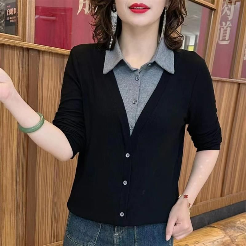 螺纹德绒妈妈装polo领假两件t恤女打底衫时O尚长袖气质大码女卫衣,淘宝优惠券,粉丝福利购,淘宝优惠卷