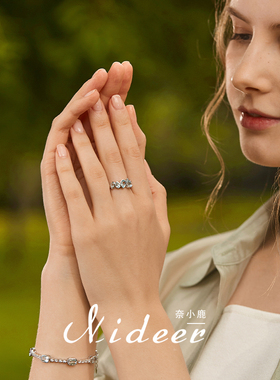 奈小鹿纯银天然海蓝宝开口戒指女款轻奢小众设计感指环送女友礼物