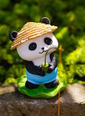 钓鱼熊猫鱼缸装饰摆件流水假山盆景户外花园鱼池桌面水族箱造景观